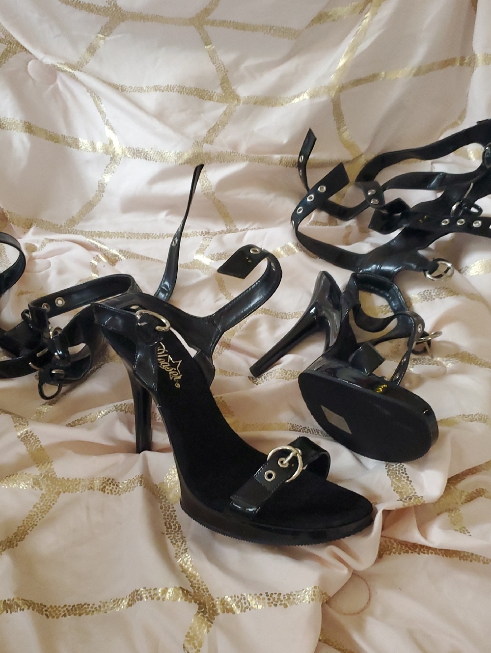 Pleaser Black Strappy Stiletto Heels with Buckle Accents